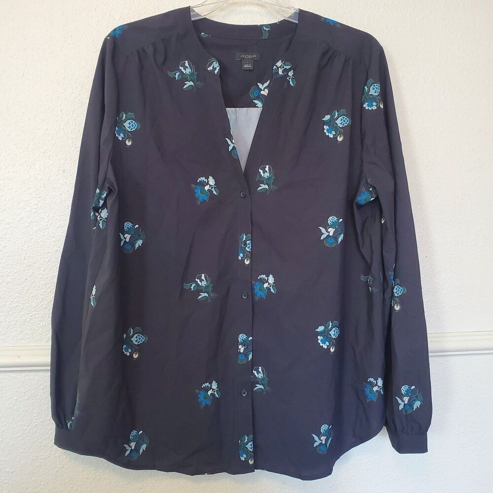 Ann Taylor Factory Womens Navy Blue Floral Button Front Blouse Large 484406
